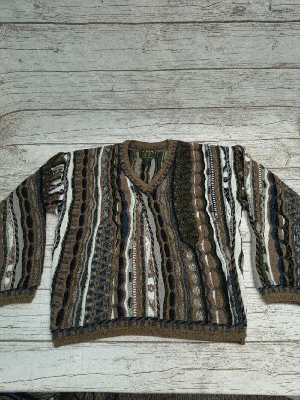 Tosani 3D Knit Biggie Coogi Styl Geometric V-Neck Wool Blend Sweater Size Medium